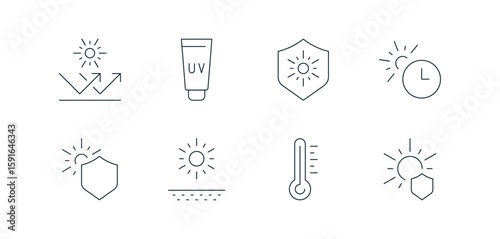 Set of sun protection and UV care icons, including sunscreen lotion, SPF shield, sunlight reflection, skin health, UV rays, hydration, and linear minimalist style vector symbols.