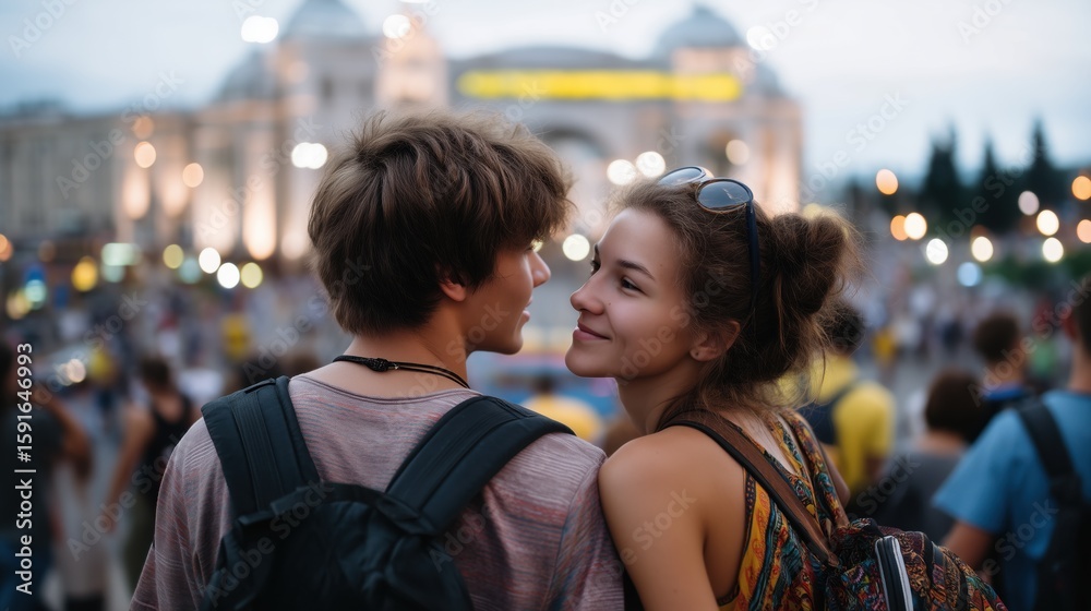 Fototapeta premium Couple Enjoying a Vibrant Evening Outdoors in an Urban Setting