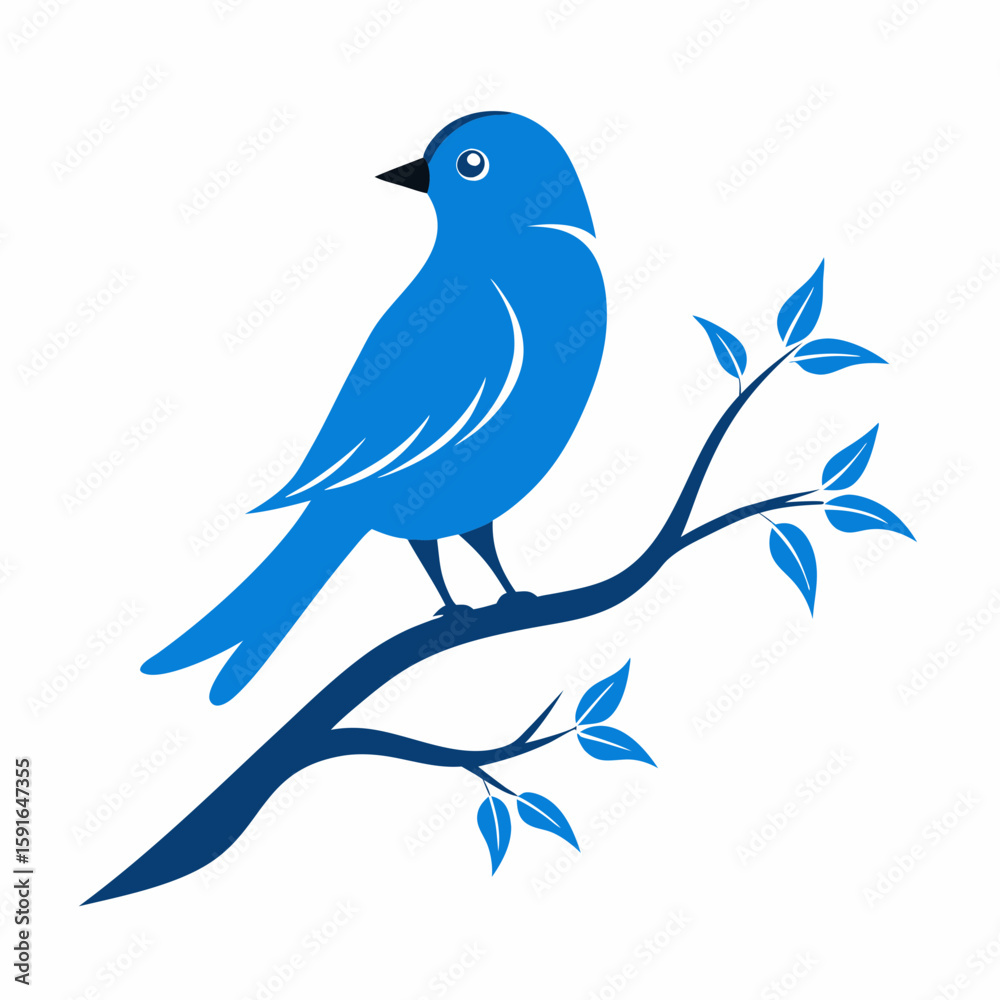 Fototapeta premium Bluebird perched on a branch with leaves vector graphic tree