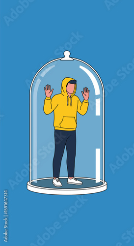 Isolated young person in yellow hoodie trapped inside a glass dome on a blue background illustrating loneliness and social distancing