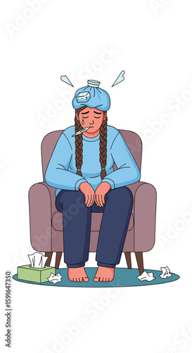 Young woman sitting uncomfortably in an armchair feeling unwell with a headache and fever symptoms