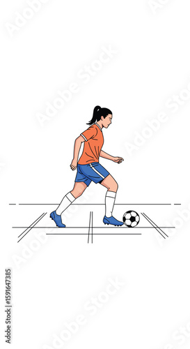 A young female athlete dribbling a soccer ball during a practice session on a grassy field wearing athletic attire
