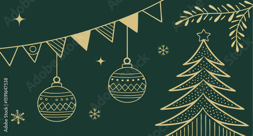 Elegant Gold Christmas Design: Festive Bunting, Ornaments, and Tree on Dark Green Background.