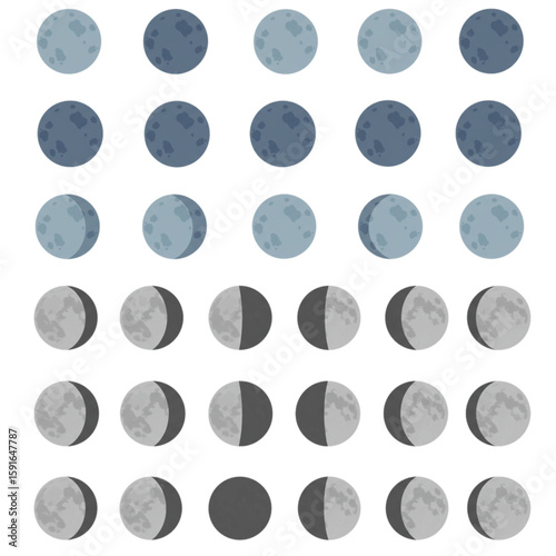 Full cycle phases of the moon, great for astronomy, space, or astrology themed designs and educational projects that need lunar cycle visuals.