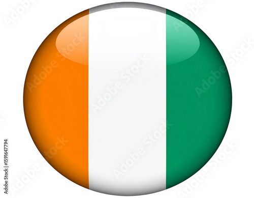 Glossy 3D Button Icon of Ivory Coast Flag with Light Reflection – PNG on Transparent Background.