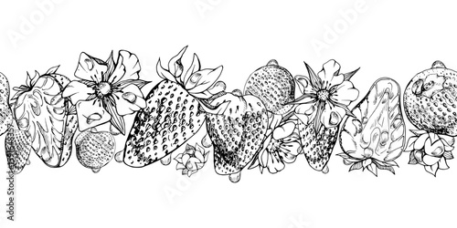 Strawberry ripe garden berries, flowers in water dew drops hand drawn in vector ink. Seamless isolated banner garland. Home preserves, textile washi tape, food store decor, recipe book, dessert menu