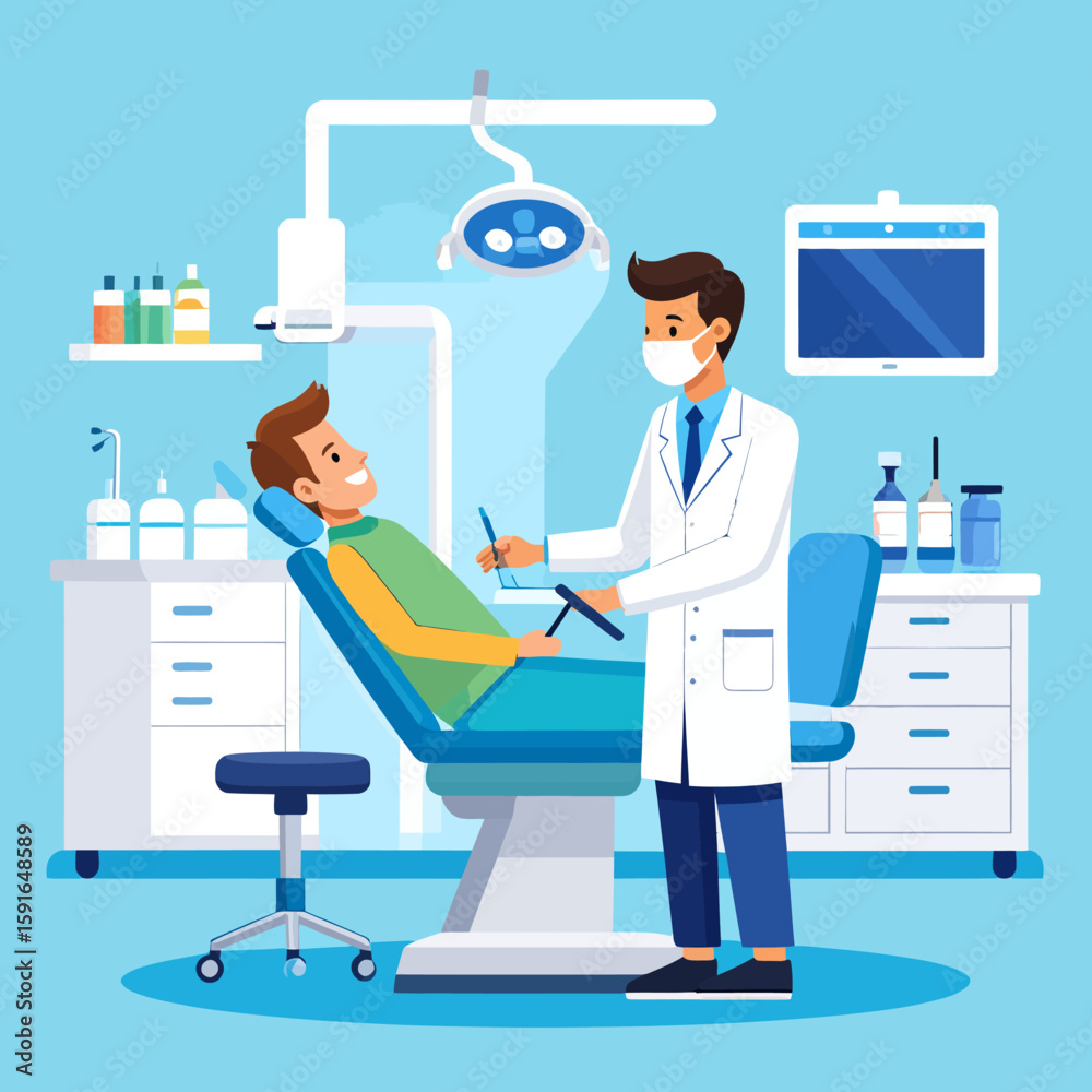 A dentist wearing a mask and white coat examines a male patient lying in a dental chair in a bright, modern office. A dentist wearing a mask and white coat examines a male patient lying in a dental chair in a bright, modern office.
