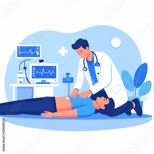 A doctor providing medical care to a patient, checking vitals and monitoring.