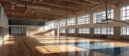 Spacious, sunlit indoor basketball court