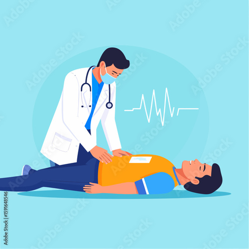 A doctor performing CPR on a person who appears unconscious, with an electrocardiogram graphic in the background.