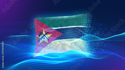 mozambique A futuristic digital background merging with a national flag symbol, representing the concept of technology, innovation, and digital transformation while preserving cultural identity.