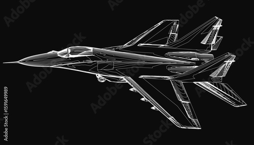 A detailed black and white fighter jet drawing stands out against a stark black background. The combat aircraft features a sleek contour with clearly defined wingspan and tail fins.