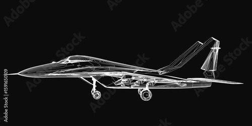 A detailed black and white fighter jet contour drawing stands out against a stark black background. The combat aircraft features clearly defined wingspan, tail fins, and intricate detailing.