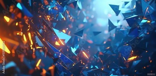 Abstract Low Poly Background with Blue Orange Shapes, Volumetric Light, 3D Cinema 4D Render for Tech Design
