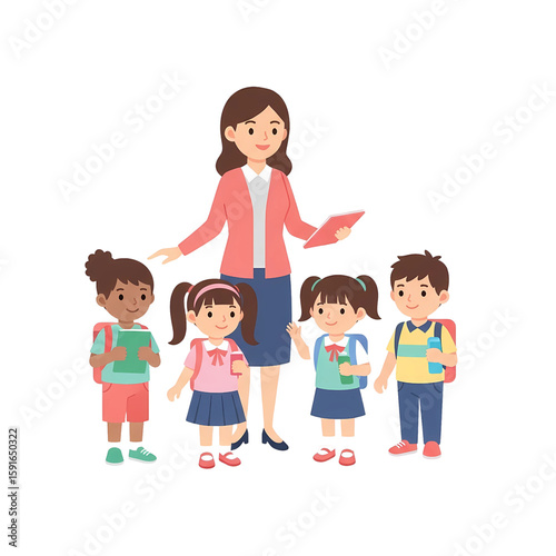 Happy Teacher and Diverse Students Group