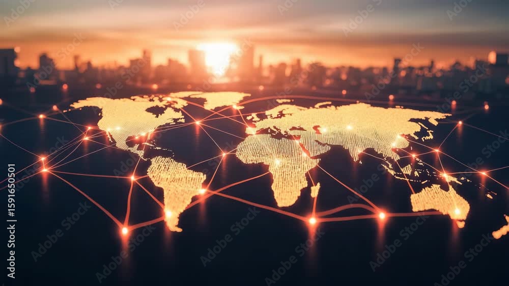 Global network connection digital world map glowing lines cityscape sunrise technology communication futuristic innovation worldwide business glowing world map digital network city skyline sunrise