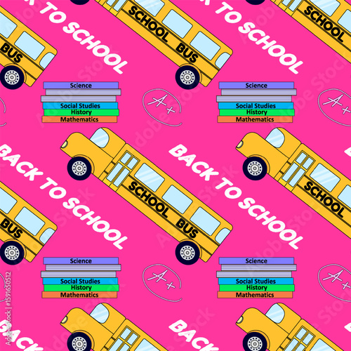 Seamless pattern with yellow school buses, stacked textbooks and chalk A plus on pink background. For back to school theme, school or office supplies, stationery design, textile print, wrapping paper.