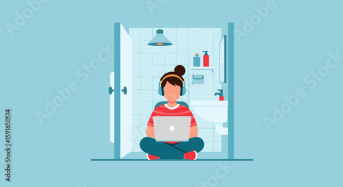 Person working on laptop in bathroom - illustration for blog post or article about remote work.