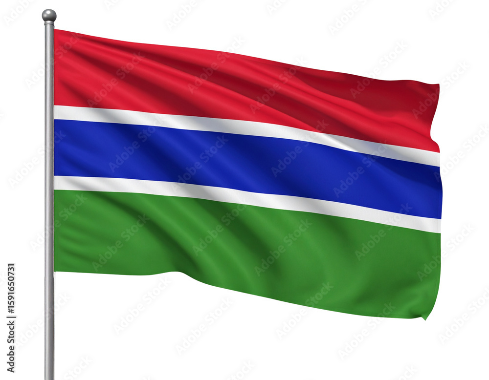 Obraz premium Waving Gambian Flag with Realistic Fabric Ripples, Side Angle, Isolated on Transparent Background.