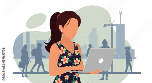 Woman using laptop in city, ideal for website banners or business presentations.