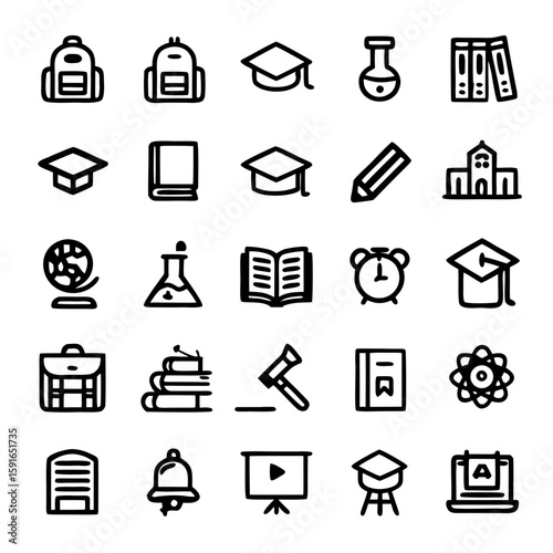 College & University Icons – Backpack, Diploma, Books, Cap & Credit Hour in Education Line Style for Campus Branding, Student Apps & Academic Guides