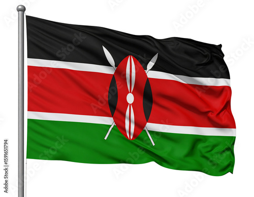 Waving Kenyan Flag with Shield and Spears Emblem Visible, Side Angle, Isolated PNG.