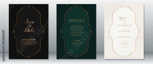 Elegant wedding invitation set with vintage gold borders on black, emerald-green, and cream backgrounds. Features sophisticated typography and ornate frames, ideal for classic and formal weddings.