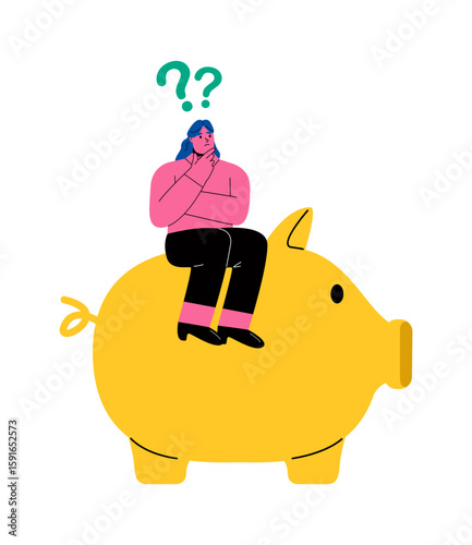 Alternative to make decision concept. Confused business woman with piggybank and question marks. Flat vector illustration isolated on white background