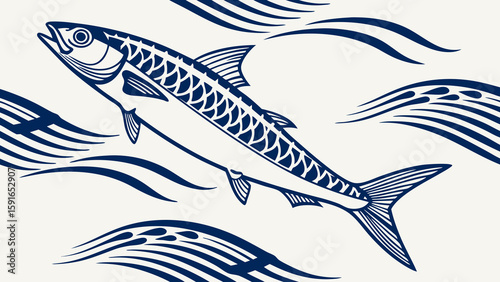 Stylized illustration of a fish swimming in waves, featuring intricate details and a bold blue color scheme.