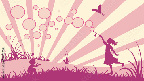 A joyful young girl, silhouetted in pink, plays with bubbles in a whimsical landscape, evoking a sense of childhood wonder.