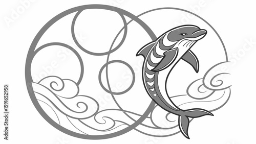 A detailed illustration of a dolphin jumping over stylized waves and circular elements, showcasing grace and fluidity.