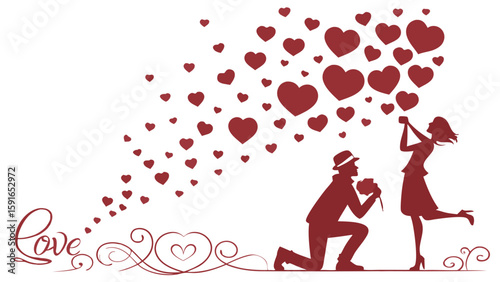 A man climbing a ladder, painting hearts, conveying creativity and love in a whimsical design.