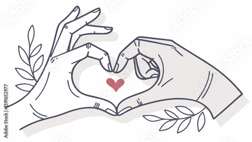 Two hands forming a heart with a small red heart in the center, surrounded by leaves, symbolizing love and connection.