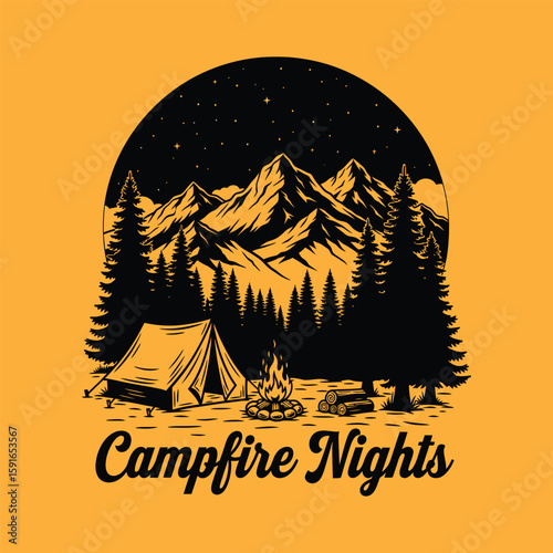 Vintage illustration of a camping scene with tent, campfire, mountains, and starry night.