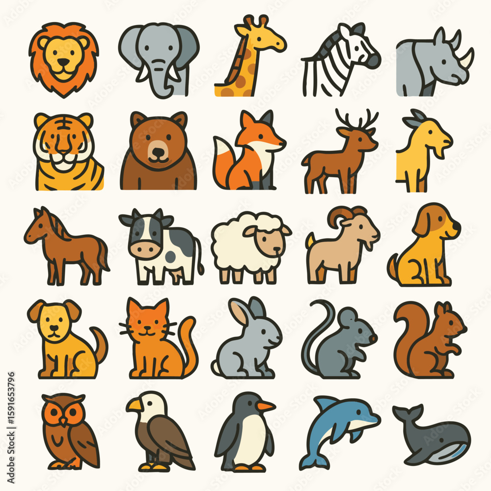 Fototapeta premium Grid of 25 Cute Simple Cartoon Animal Icons with Black Outlines
