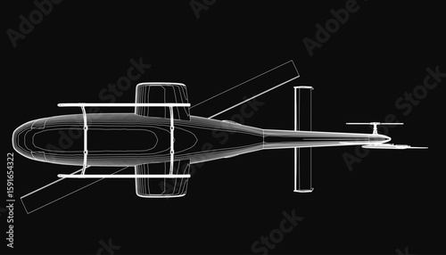 Black and white 3D helicopter contour drawing on a dark background highlights detailed rotor blades and sleek fuselage design. The illustration emphasizes precision engineering with clean lines.