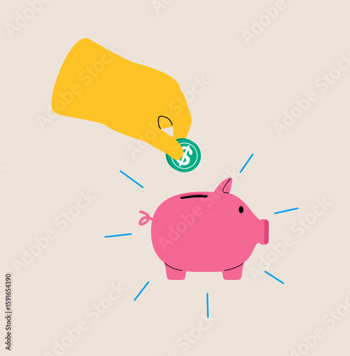Hand saving money in piggy bank care about future investments. Colorful vector illustration