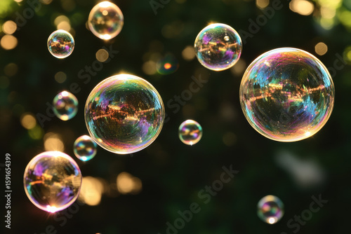 Numerous colorful soap bubbles float gently in the air, shimmering with a beautiful iridescent light against a dark, blurred natural background.