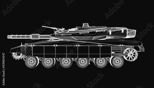 Battle Tank in detailed black and white contour drawing, showcasing tracks, turret, and gun barrel. The military vehicle stands out sharply against a solid black background.