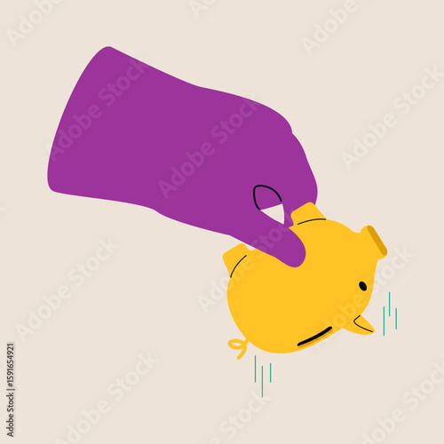 Hand shake the empty piggy bank. Colorful vector illustration