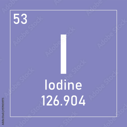 Iodine (I) periodic table element chemistry symbol. Simple flat square vector illustration, simple clean style Icon with molar mass and atomic number for Lab, science or chemistry class.