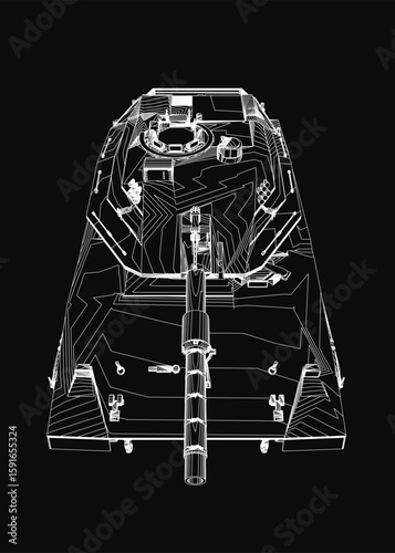 A detailed black and white blueprint of a military tank with precise technical features, clear contours, and labeled components. The schematic highlights the tank's structure, armor, and weaponry on.