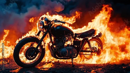 A motorcycle is sitting in front of a fire