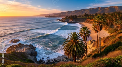 Spectacular sunset over the Pacific Ocean with palm trees and rocky coastline landscape