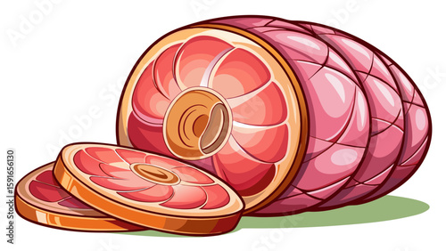 Sliced ham with glossy pink surface and natural fat ring rests on white background. Its smooth texture and even cut make it ideal for a deli or brunch vector food concept.