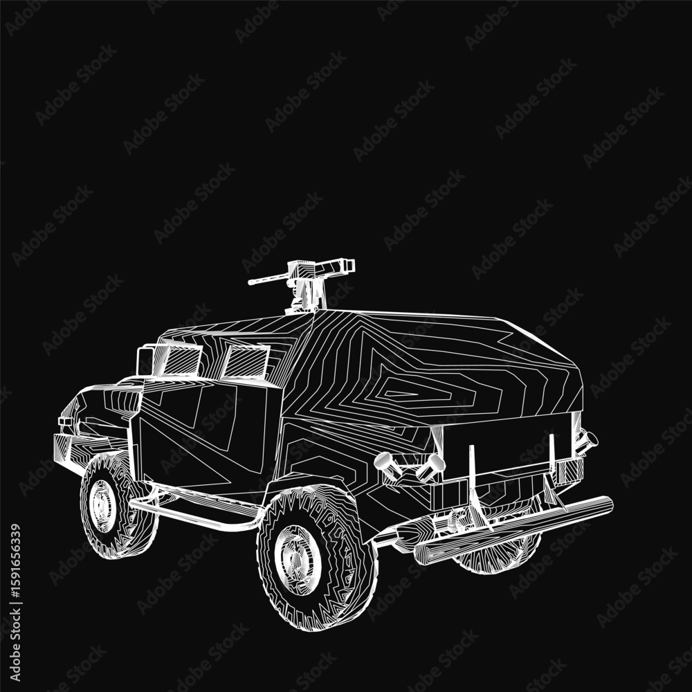 Fototapeta premium A detailed black and white contour drawing of a military SUV with four wheels, headlights, and armored features. The vehicle stands out against a solid black background for high contrast.