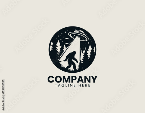 Mysterious Bigfoot UFO Abduction Forest Encounter Cryptid Vector Logo Design
