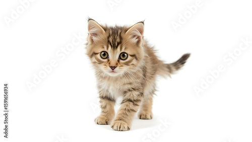 Kitten, an adorable brown tabby, walks charmingly on a white background. Suitable for pet blogs, children's books, and social media posts.