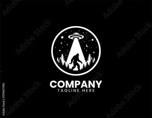 Mysterious Bigfoot UFO Abduction Forest Encounter Cryptid Vector Logo Design