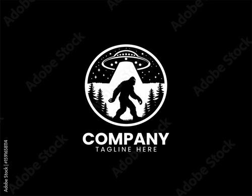 Mysterious Bigfoot UFO Abduction Forest Encounter Cryptid Vector Logo Design